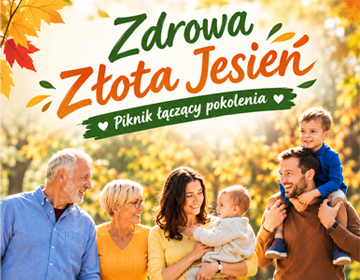 Grafika promująca piknik Zdrowa Złota Jesień – Piknik łączący pokolenia. Na tle jesiennego parku przedstawiono trzy pokolenia rodziny: seniorów, rodziców i dzieci. Centralnie znajduje się kolorowy napis z nazwą wydarzenia.