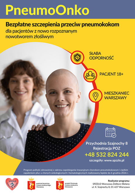 Plakat z aktywnym linkiem do informacji nt. programu PneumoOnko, bezpłatnych szczepień przeciw pneumokokom dla pacjentów z nowo rozpoznanym nowotworem złośliwym. Na okładce młoda kobieta z chorobą onkologiczna.